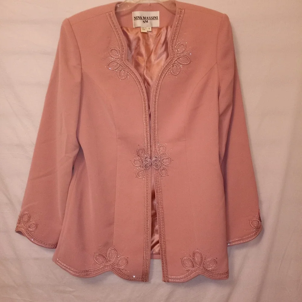 Nina Massini Size 8‎ Skirt Suit 3 Piece Dusty Pink Beaded Embellishments Vintage